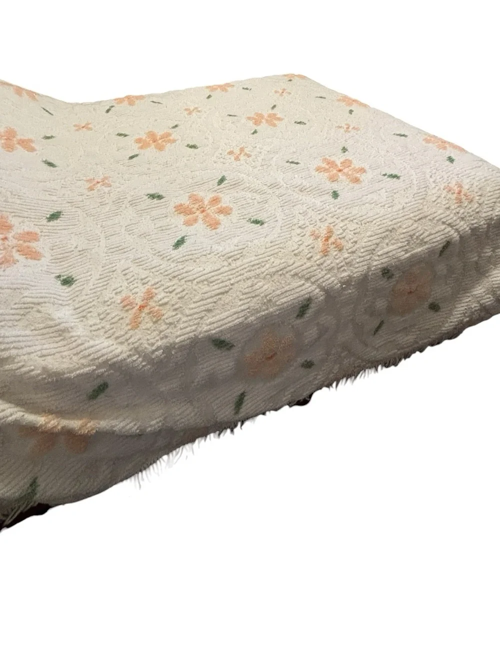 MCM White Chenille Floral Bedspread Peach Coral Green Flowers Queen Full Fringe